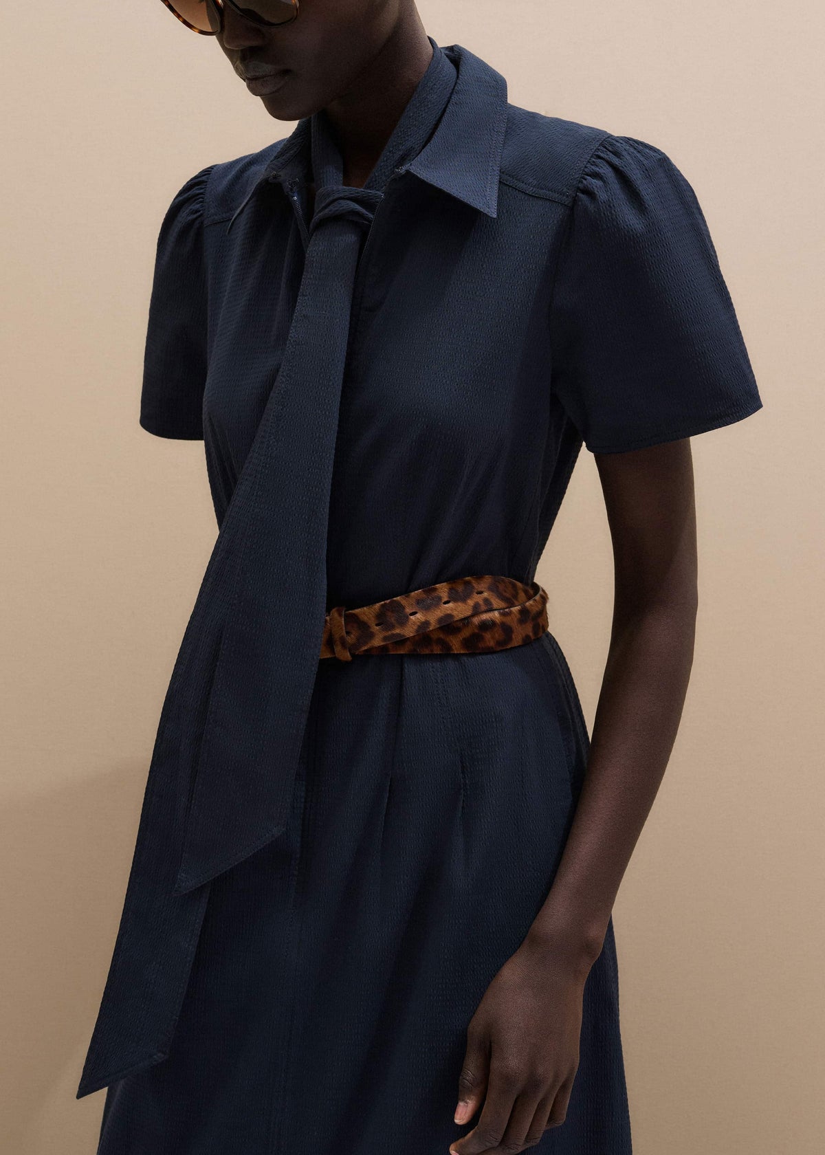 Navy Cotton Seersucker Fit + Flare Midi Dress | ME+EM Clothing