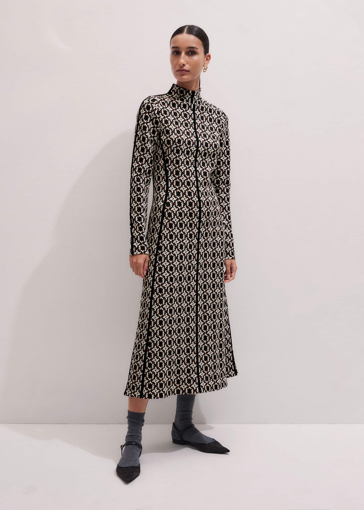 Navy Graphic Jacquard Fit and Flare Midi Dress | ME+EM Clothing