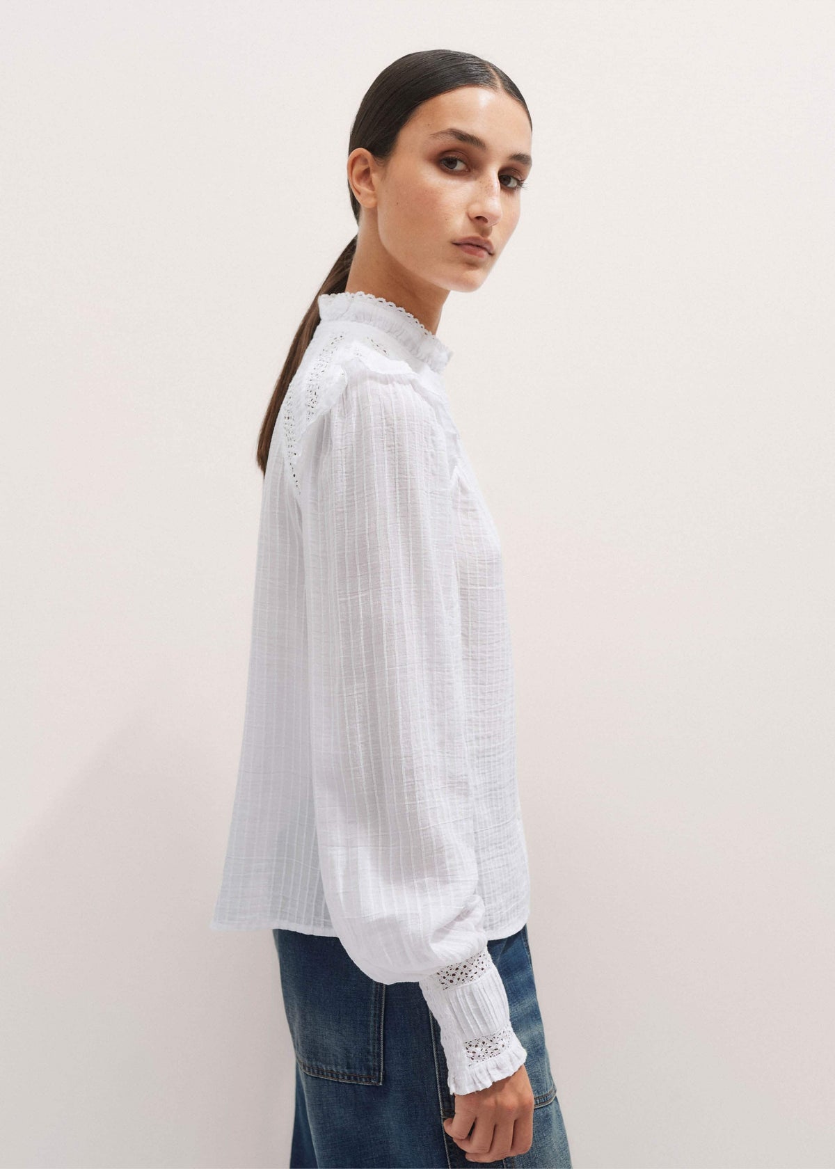 White Cotton + Lace Trim Blouse | ME+EM Clothing