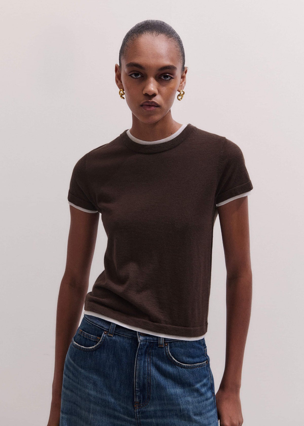 Brown Barely There Contrast Trim Knit Baby Tee | ME+EM Clothing
