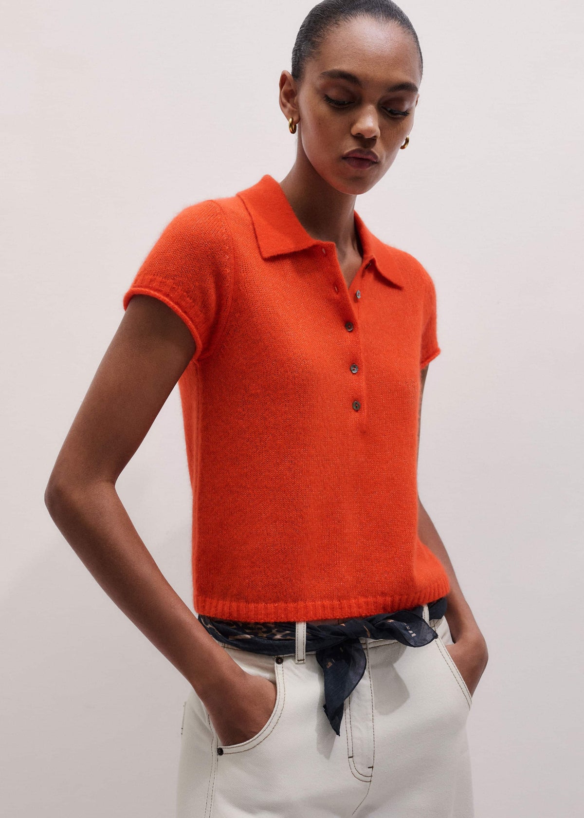 Orange Merino Cashmere Silk Straight Polo Tee | ME+EM Clothing