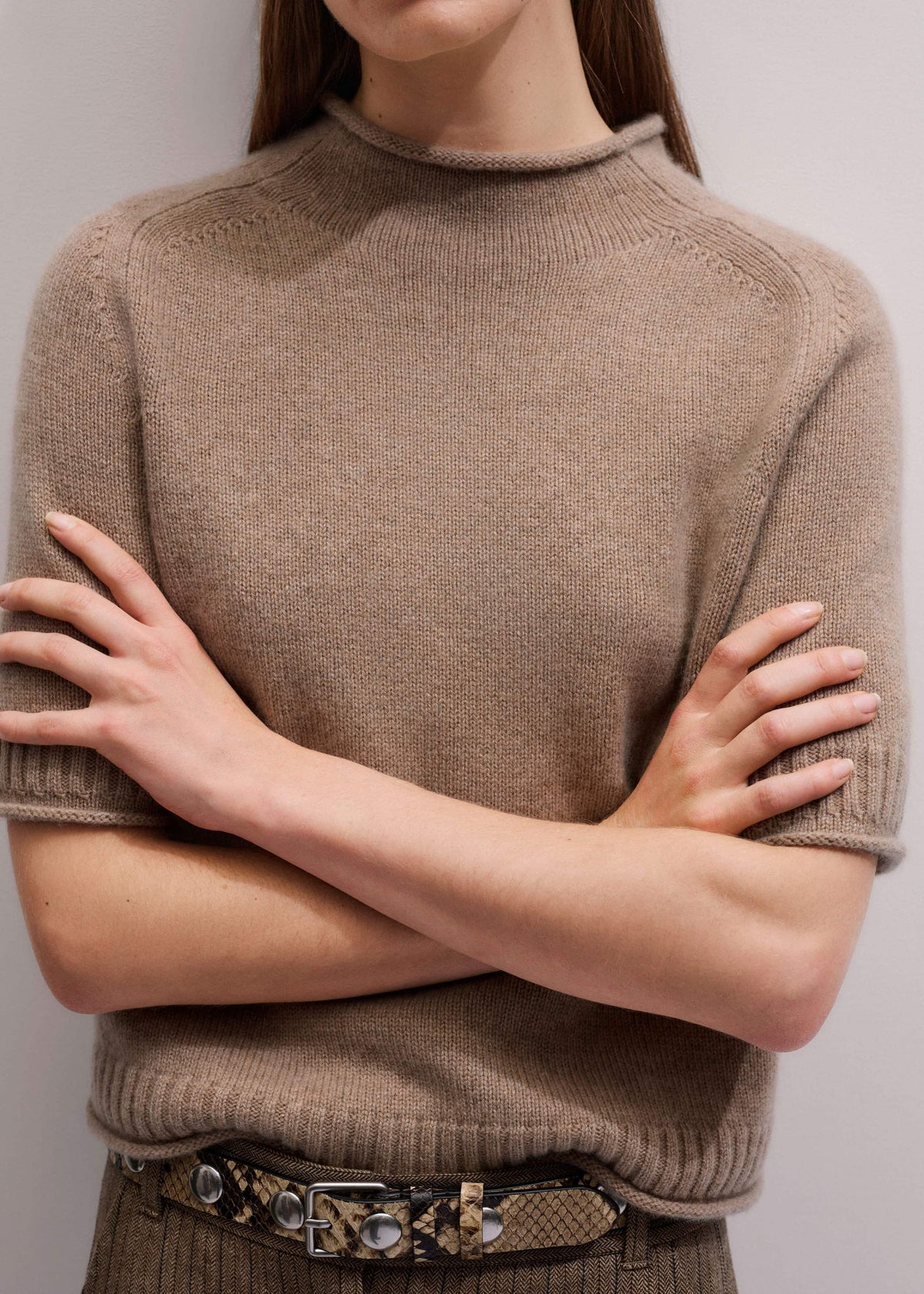 Brown Cashmere Roll Trim Knit Tee | ME+EM Clothing