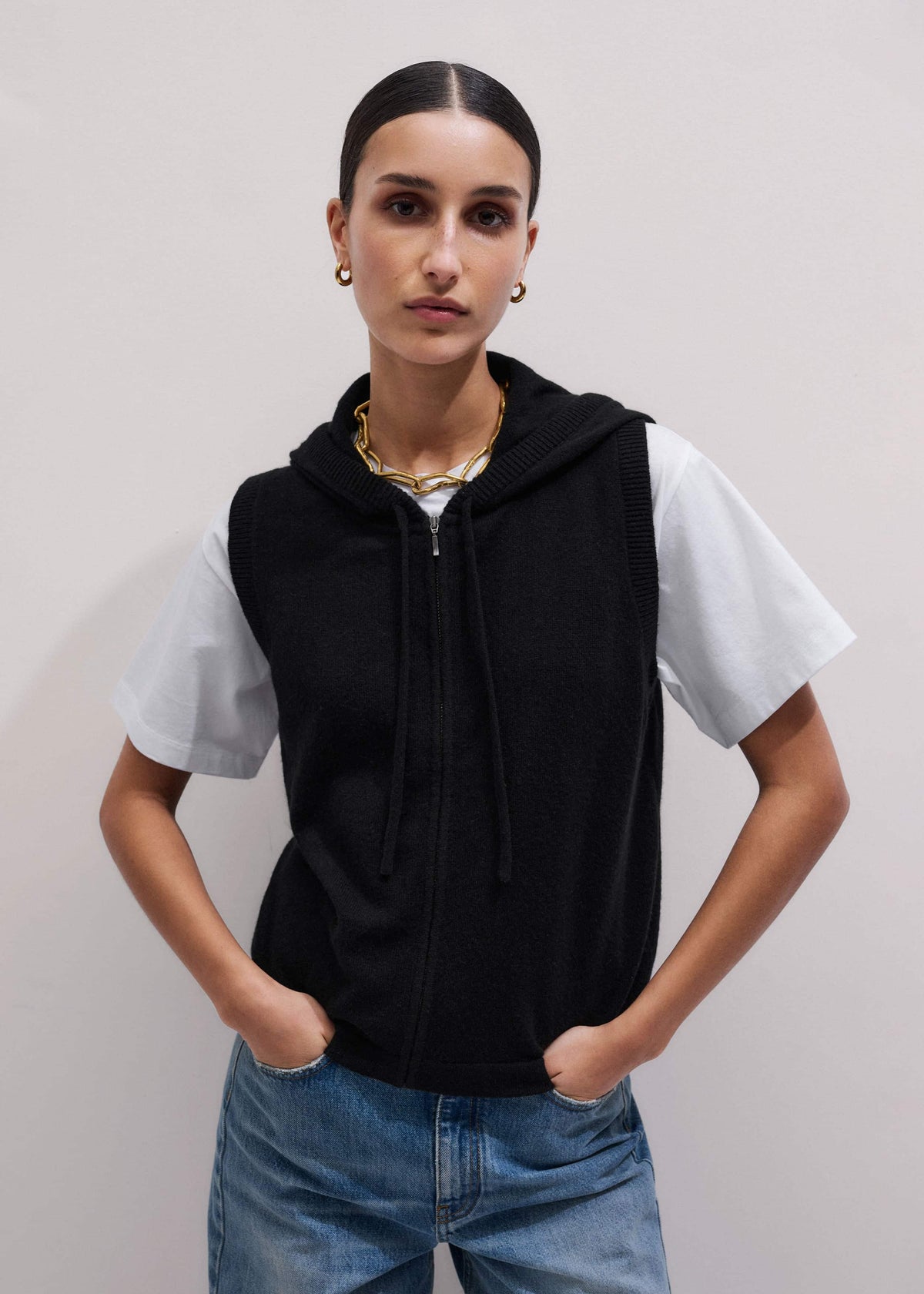Black Cashmere Sleeveless Relaxed Zip Hoodie | ME+EM Clothing