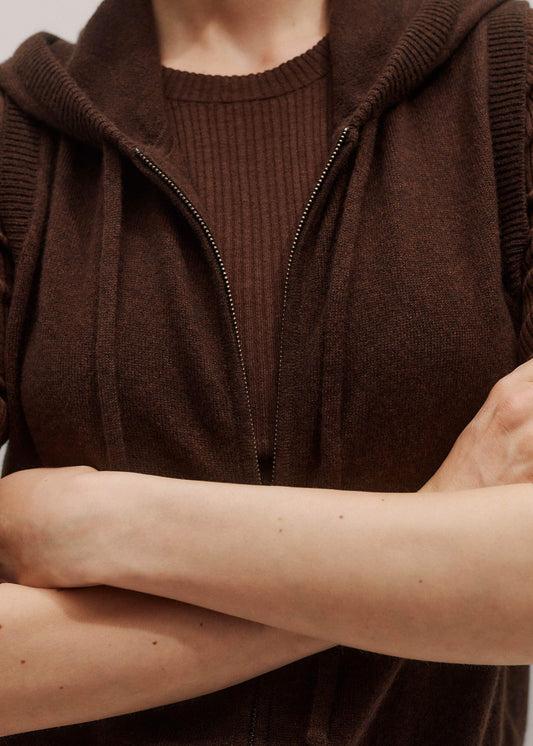 Brown Cashmere Sleeveless Relaxed Zip Hoodie | ME+EM Clothing