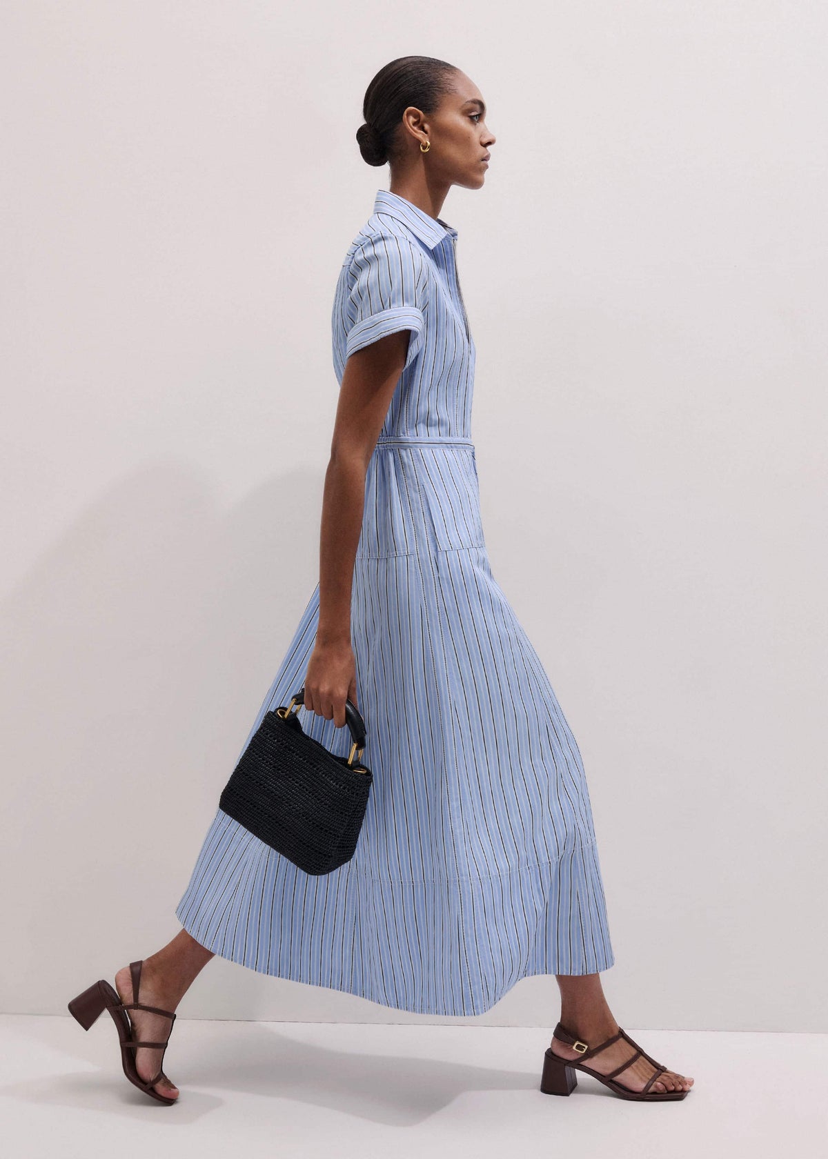 Blue Drawstring Waist Zip Neck Maxi Shirt Dress | ME+EM Clothing