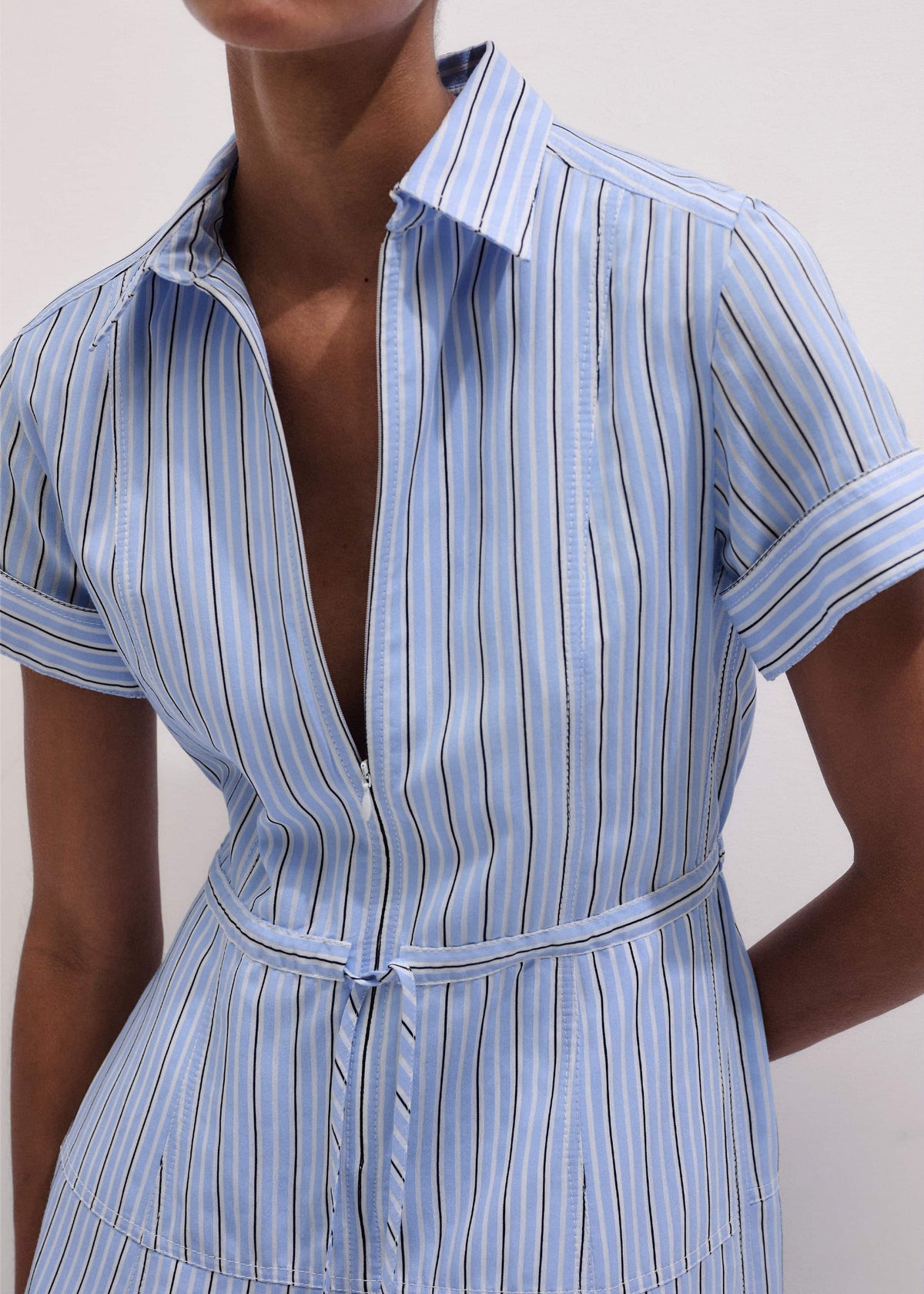 Blue Drawstring Waist Zip Neck Maxi Shirt Dress | ME+EM Clothing