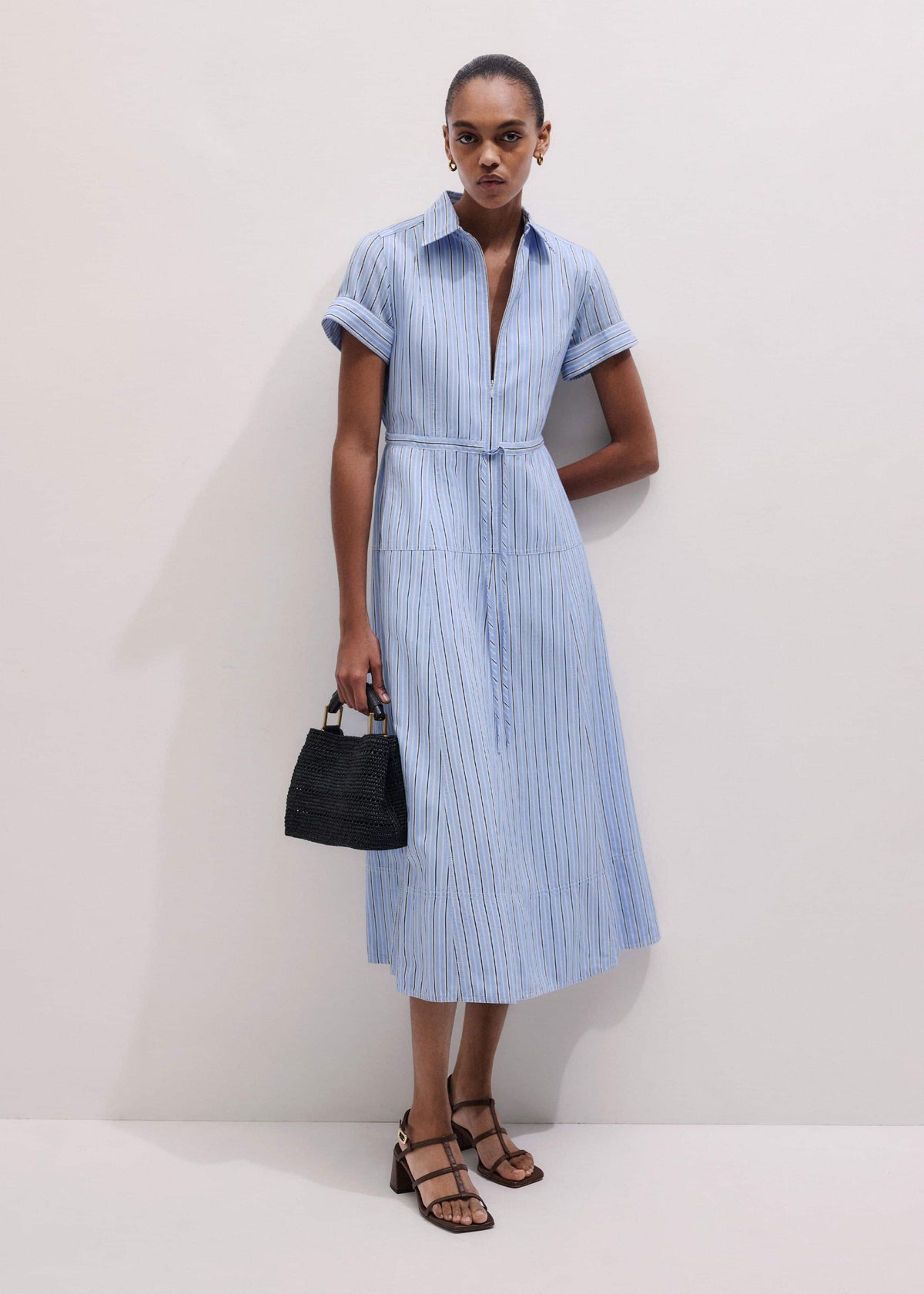 Blue Drawstring Waist Zip Neck Maxi Shirt Dress | ME+EM Clothing