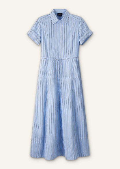 Blue Drawstring Waist Zip Neck Maxi Shirt Dress | ME+EM Clothing