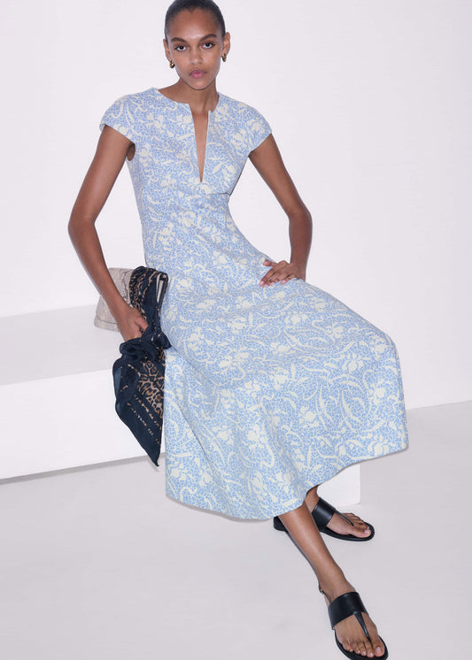 Blue Speckled Bloom Print Fit+Flare Maxi Dress | ME+EM Clothing