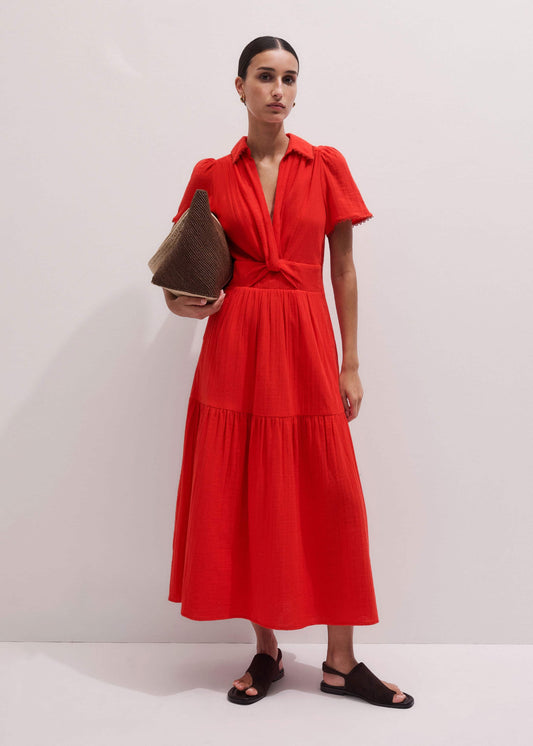 Red Cheesecloth Twist Detail Fit + Flare Maxi Dress | ME+EM Clothing