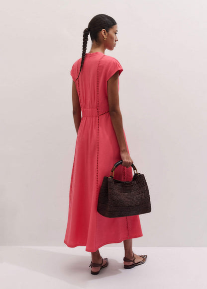 Pink Crease-Less Linen Embroidered Maxi Dress | ME+EM Clothing