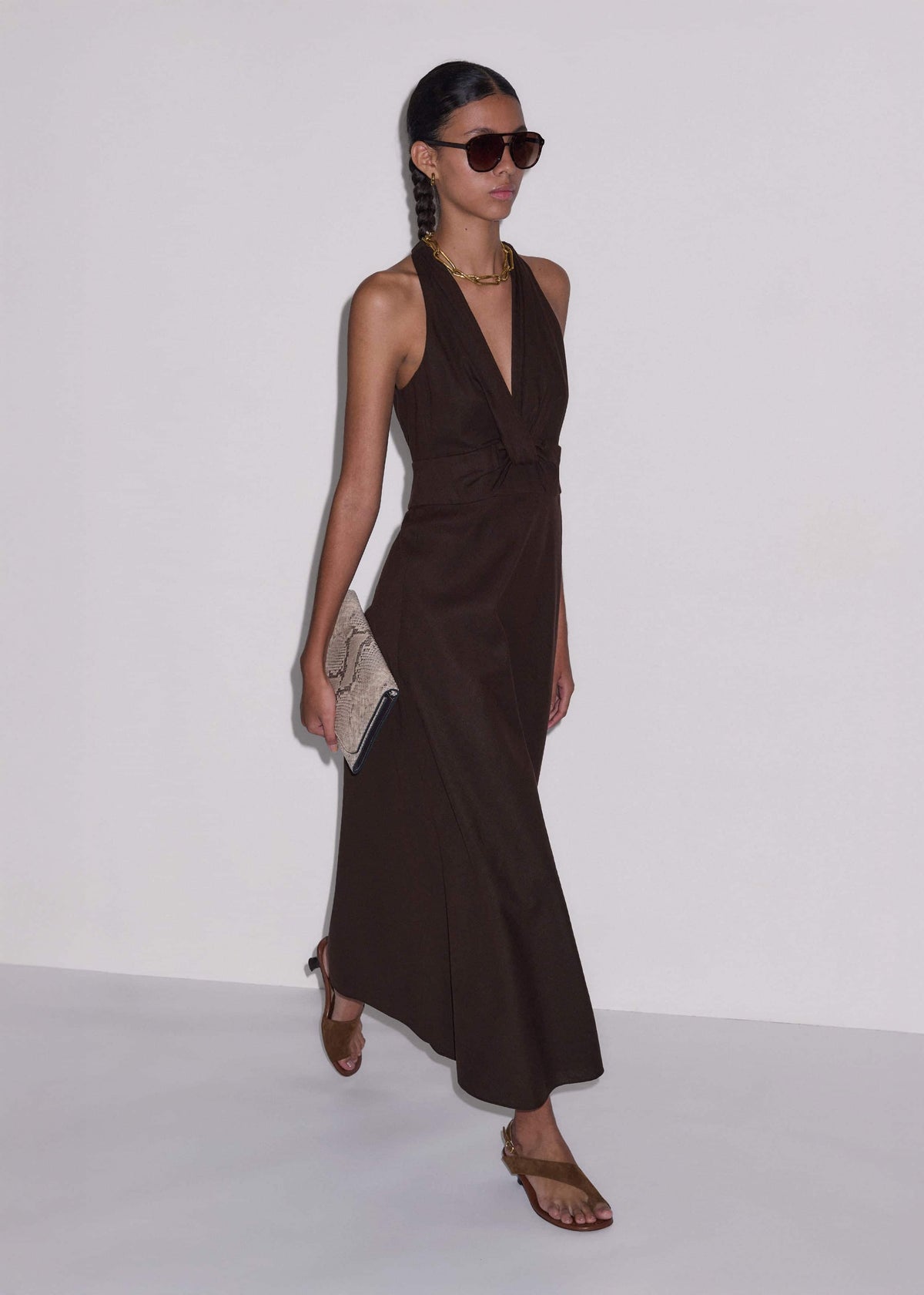 Brown Crease-Less Linen Twist Front Maxi Dress | ME+EM Clothing