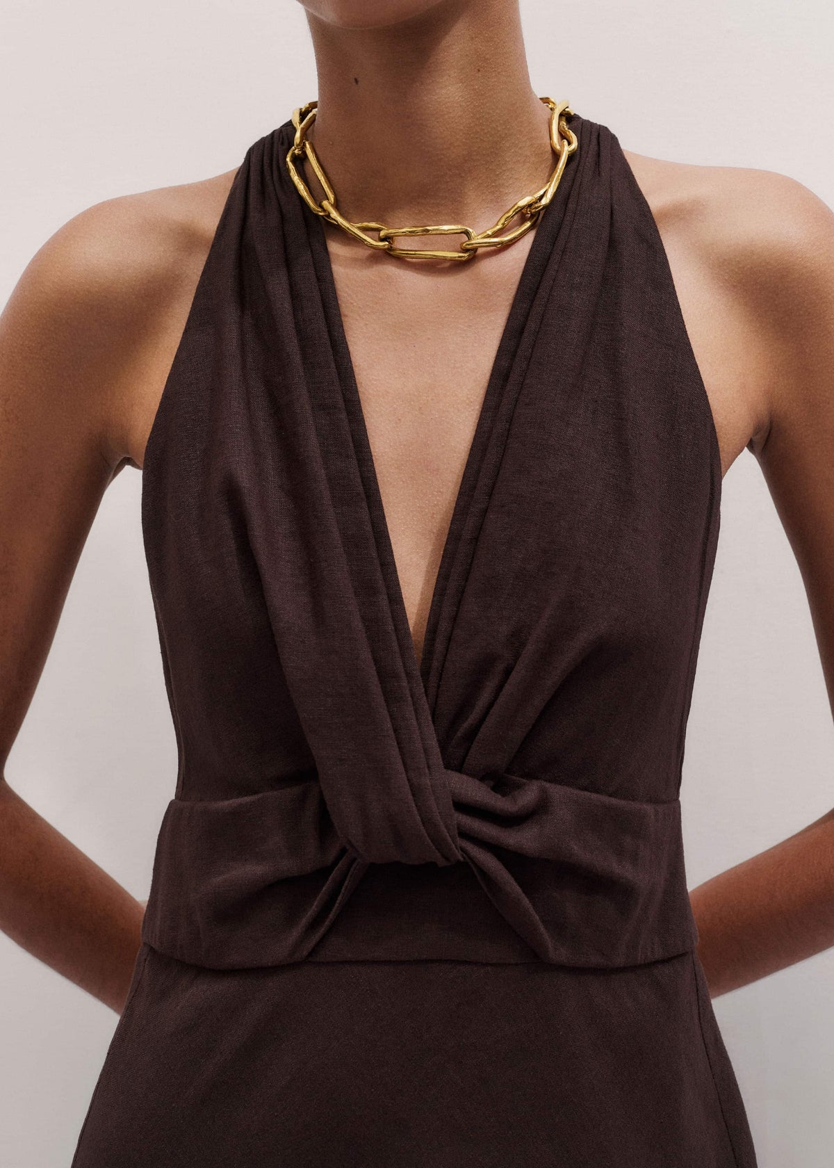 Brown Crease-Less Linen Twist Front Maxi Dress | ME+EM Clothing