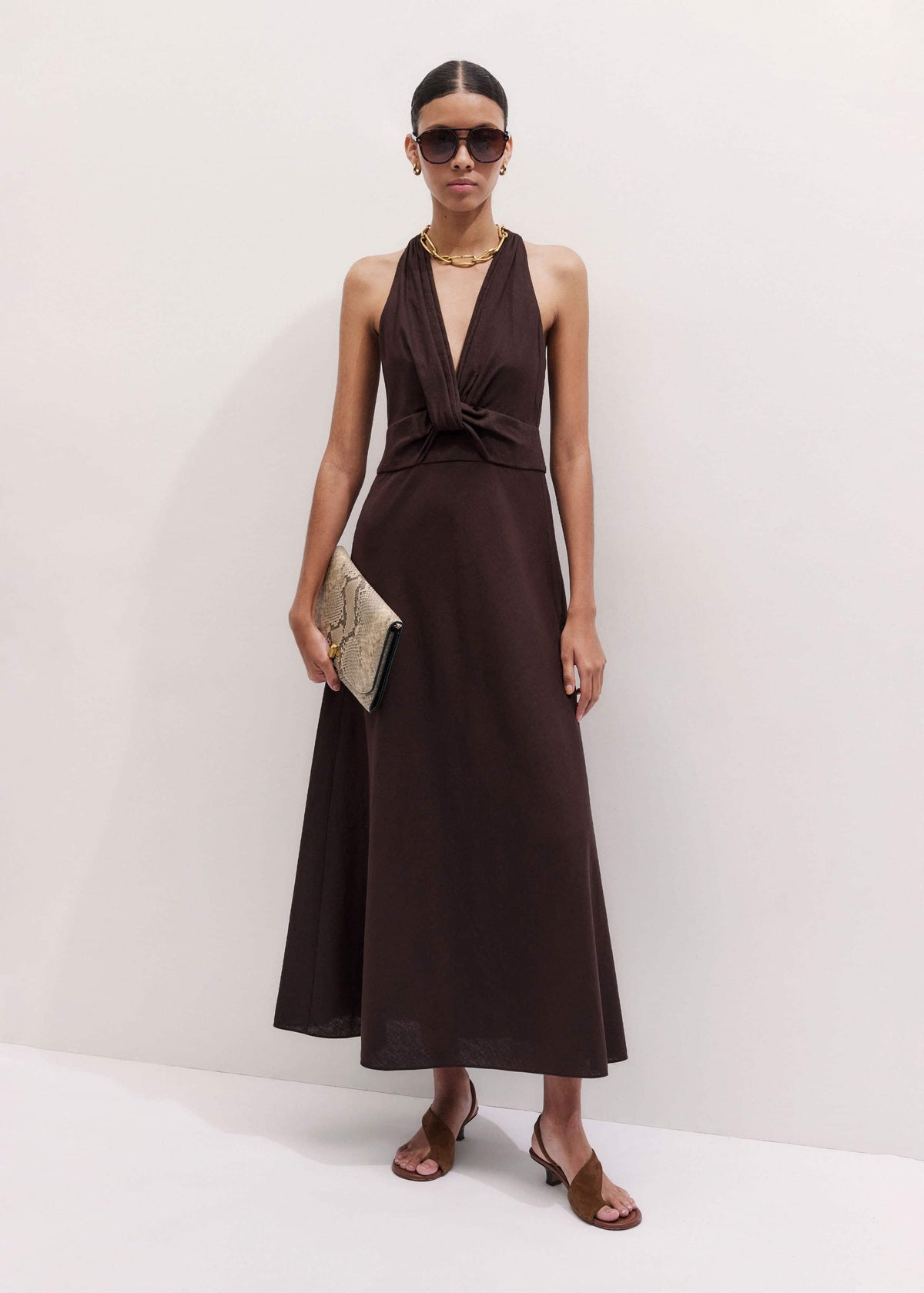 Brown Crease-Less Linen Twist Front Maxi Dress | ME+EM Clothing