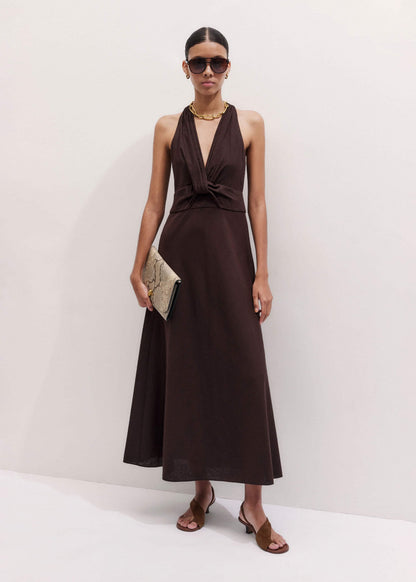 Brown Crease-Less Linen Twist Front Maxi Dress | ME+EM Clothing