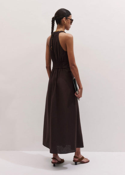 Brown Crease-Less Linen Twist Front Maxi Dress | ME+EM Clothing
