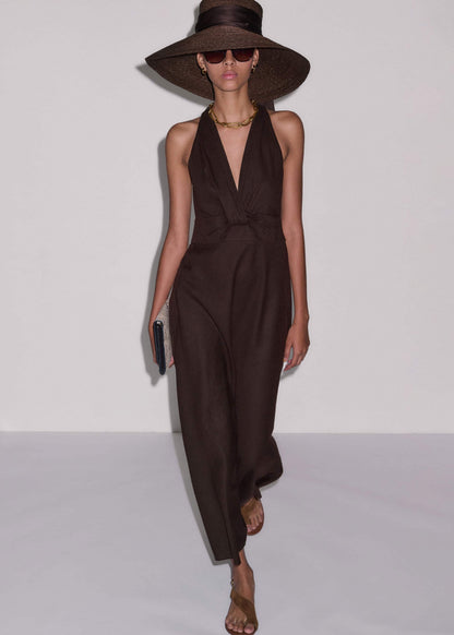Brown Crease-Less Linen Twist Front Maxi Dress | ME+EM Clothing