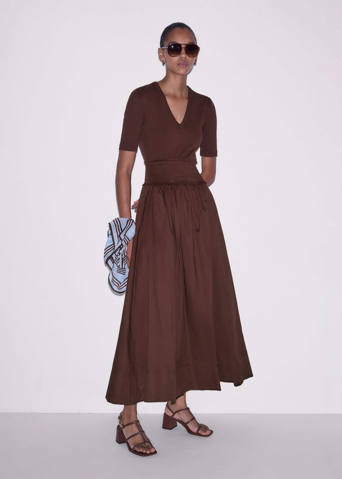 Cinnamon V-Neck Smocked Skirt Mixed Media Maxi Dress | ME+EM Clothing