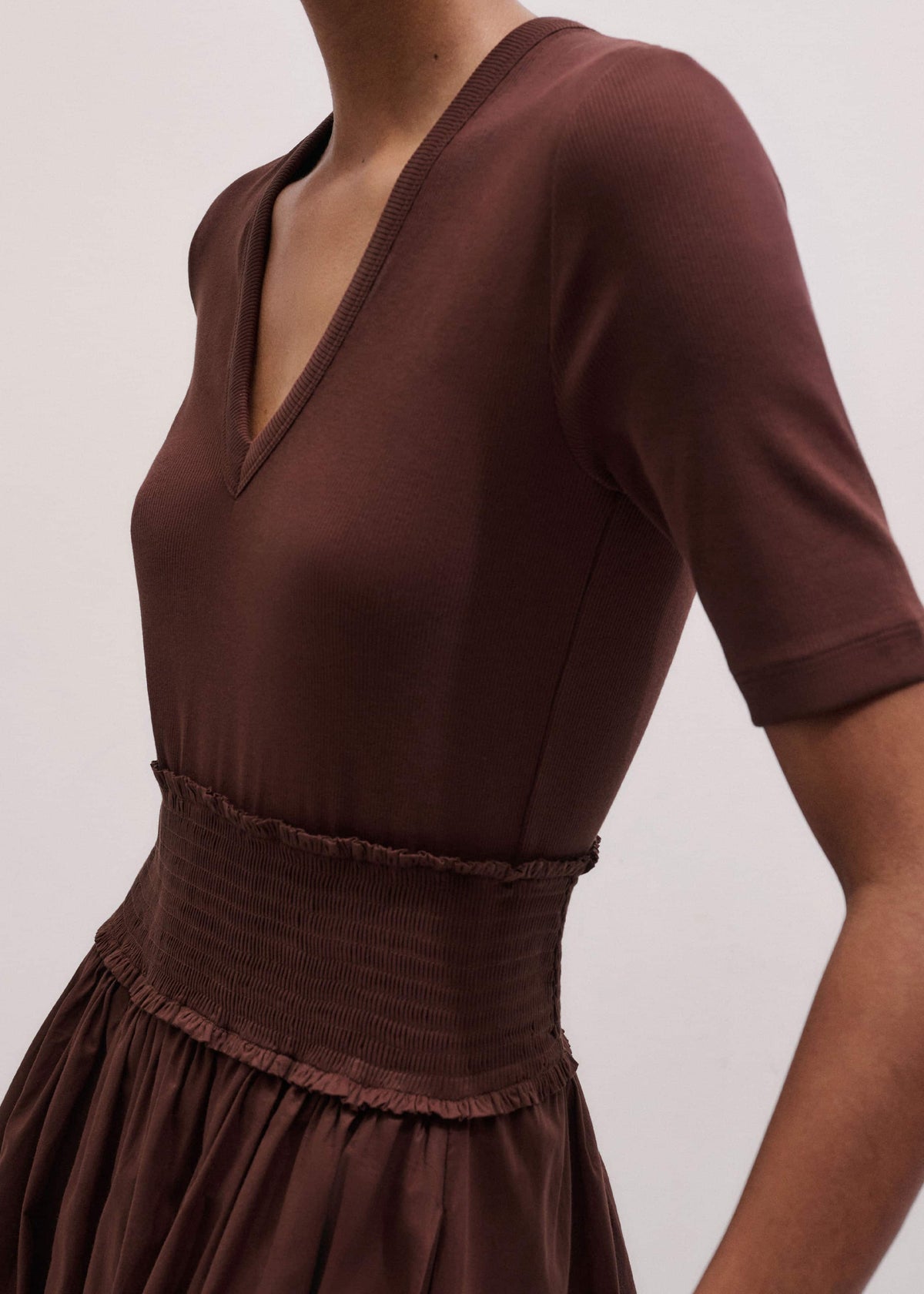 Cinnamon V-Neck Smocked Skirt Mixed Media Maxi Dress | ME+EM Clothing