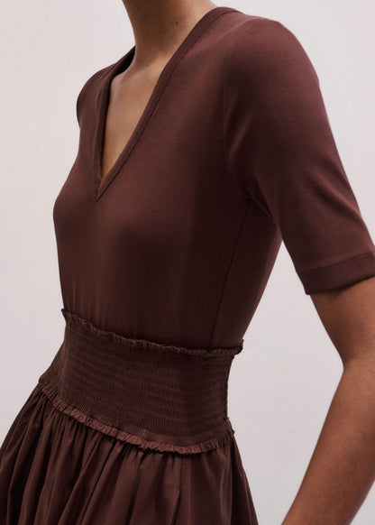 Cinnamon V-Neck Smocked Skirt Mixed Media Maxi Dress | ME+EM Clothing