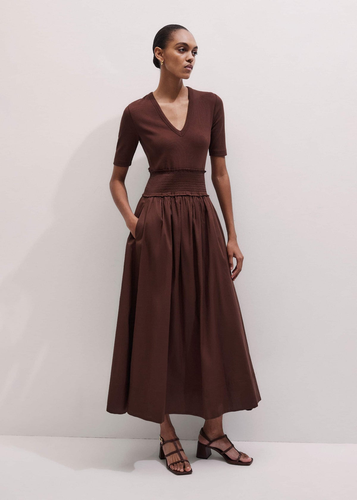 Cinnamon V-Neck Smocked Skirt Mixed Media Maxi Dress | ME+EM Clothing
