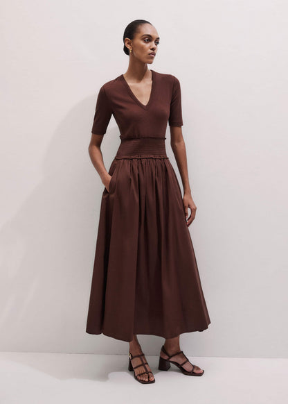Cinnamon V-Neck Smocked Skirt Mixed Media Maxi Dress | ME+EM Clothing