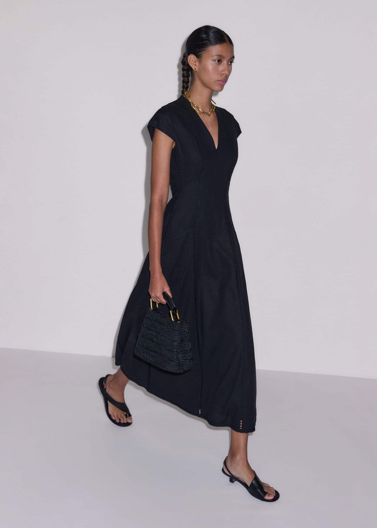 Black Crease-Less Linen Embroidered Maxi Dress | ME+EM Clothing