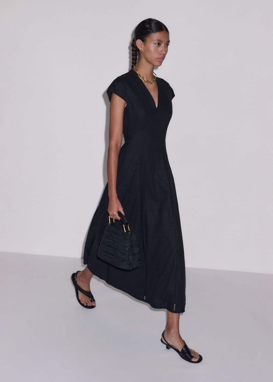 Black Crease-Less Linen Embroidered Maxi Dress | ME+EM Clothing