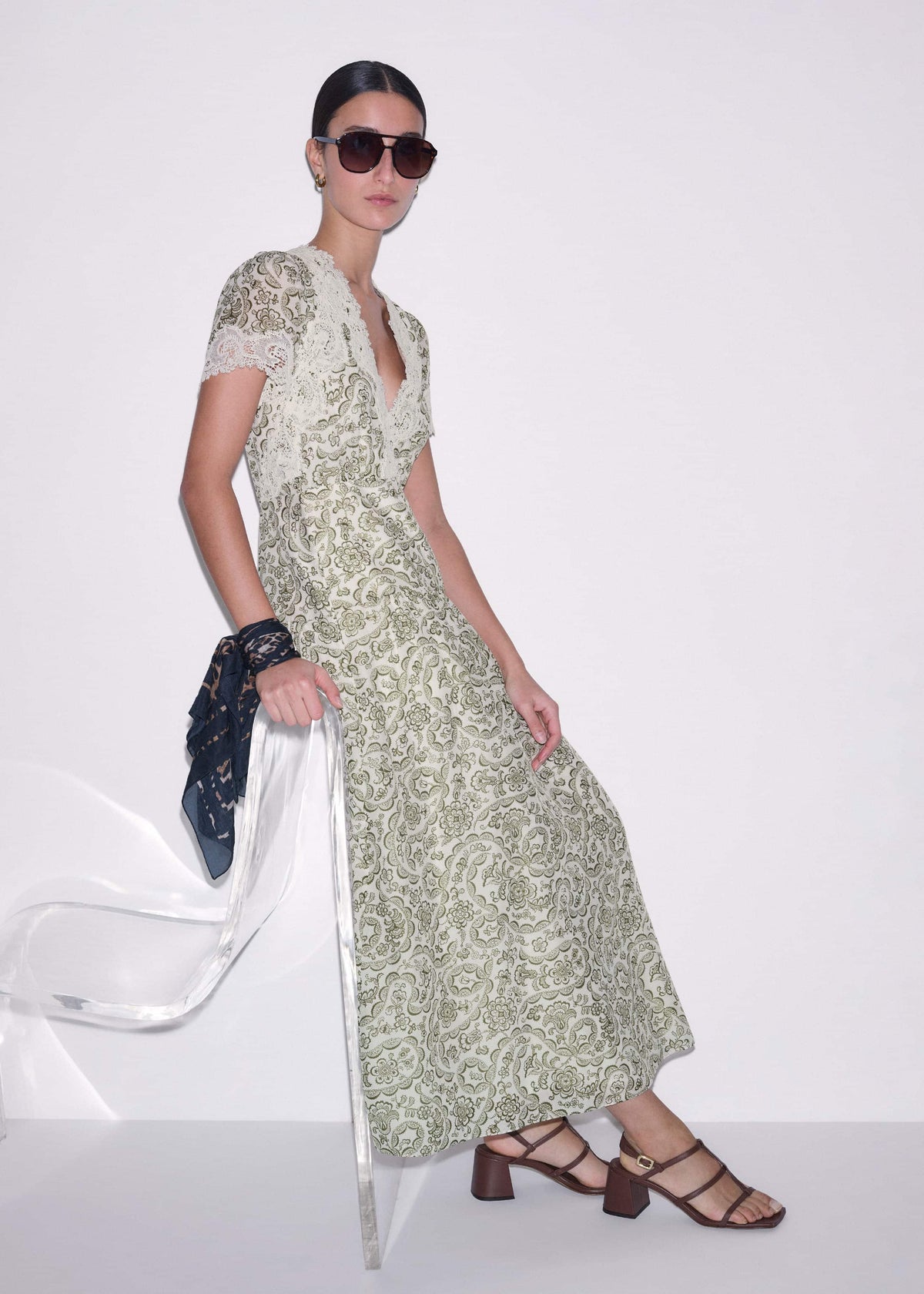 Green Silk Cotton Lace Trim Maxi Dress | ME+EM Clothing