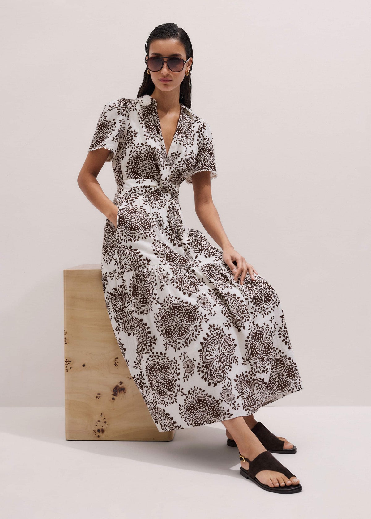 White Cheesecloth In-Full-Bloom Print Maxi Dress + Belt | ME+EM Clothing