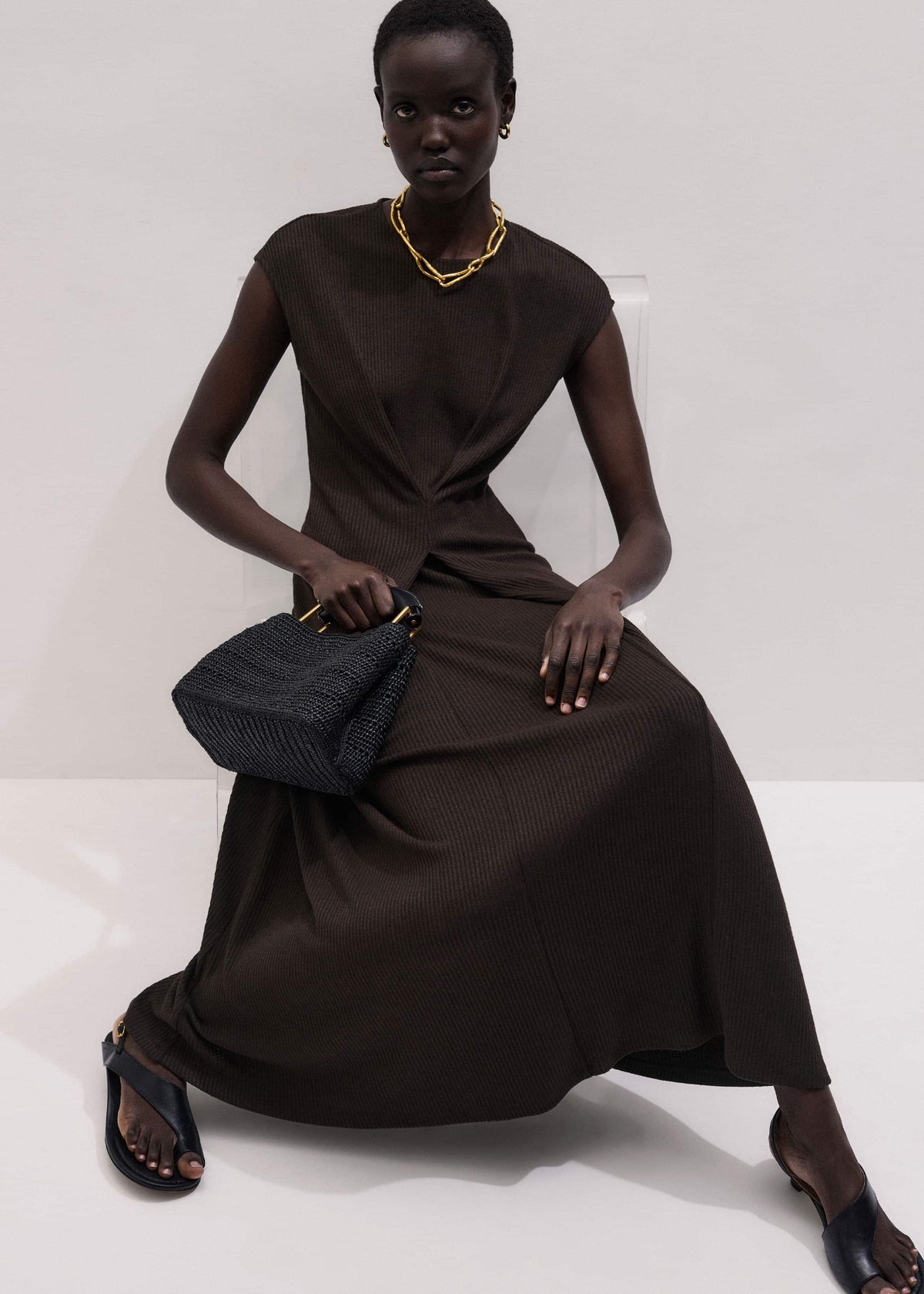 Brown Draped Waist Clever Pleat Maxi Dress | ME+EM Clothing