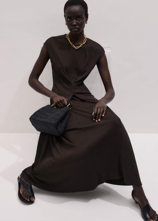 Brown Draped Waist Clever Pleat Maxi Dress | ME+EM Clothing
