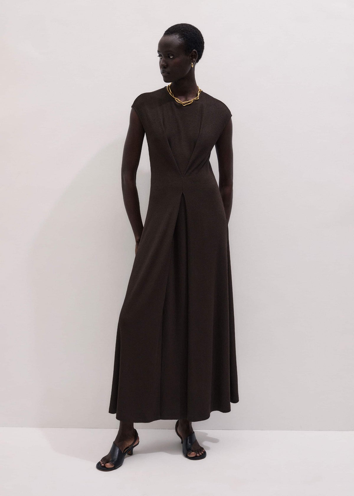 Brown Draped Waist Clever Pleat Maxi Dress | ME+EM Clothing