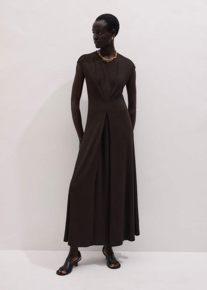 Brown Draped Waist Clever Pleat Maxi Dress | ME+EM Clothing