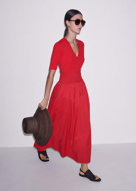 Red V-Neck Smocked Skirt Mixed Media Maxi Dress | ME+EM Clothing