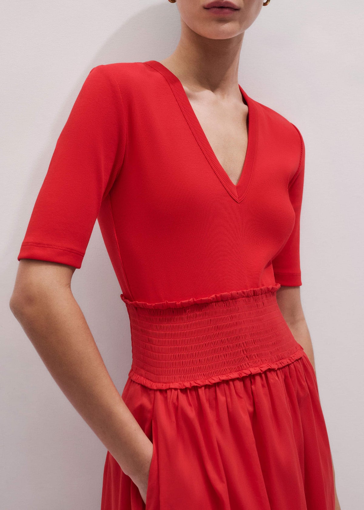 Red V-Neck Smocked Skirt Mixed Media Maxi Dress | ME+EM Clothing