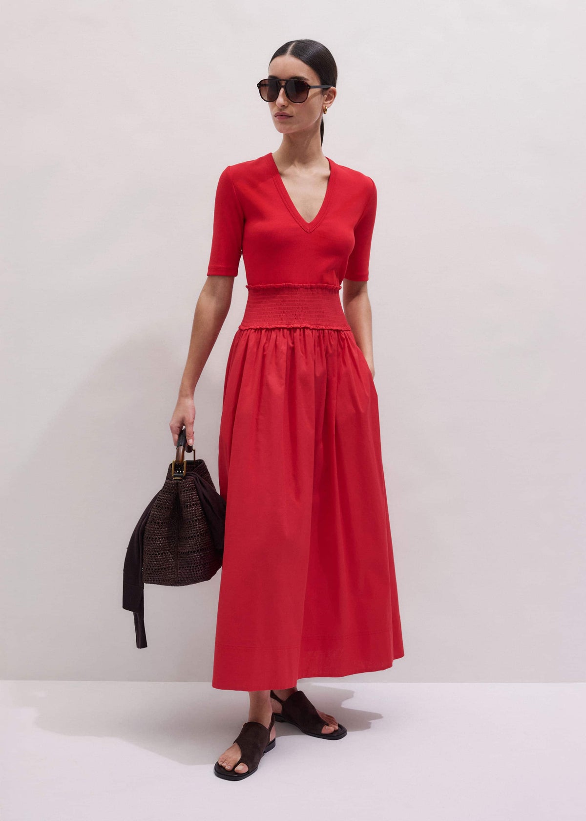 Red V-Neck Smocked Skirt Mixed Media Maxi Dress | ME+EM Clothing