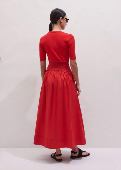Red V-Neck Smocked Skirt Mixed Media Maxi Dress | ME+EM Clothing