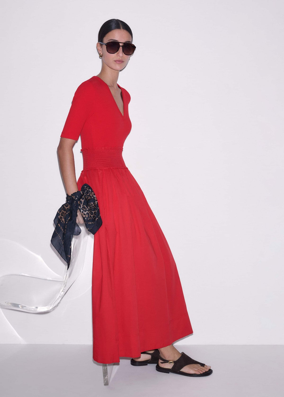 Red V-Neck Smocked Skirt Mixed Media Maxi Dress | ME+EM Clothing