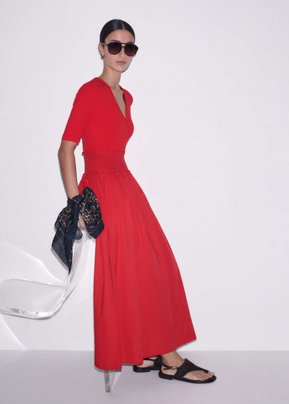 Red V-Neck Smocked Skirt Mixed Media Maxi Dress | ME+EM Clothing