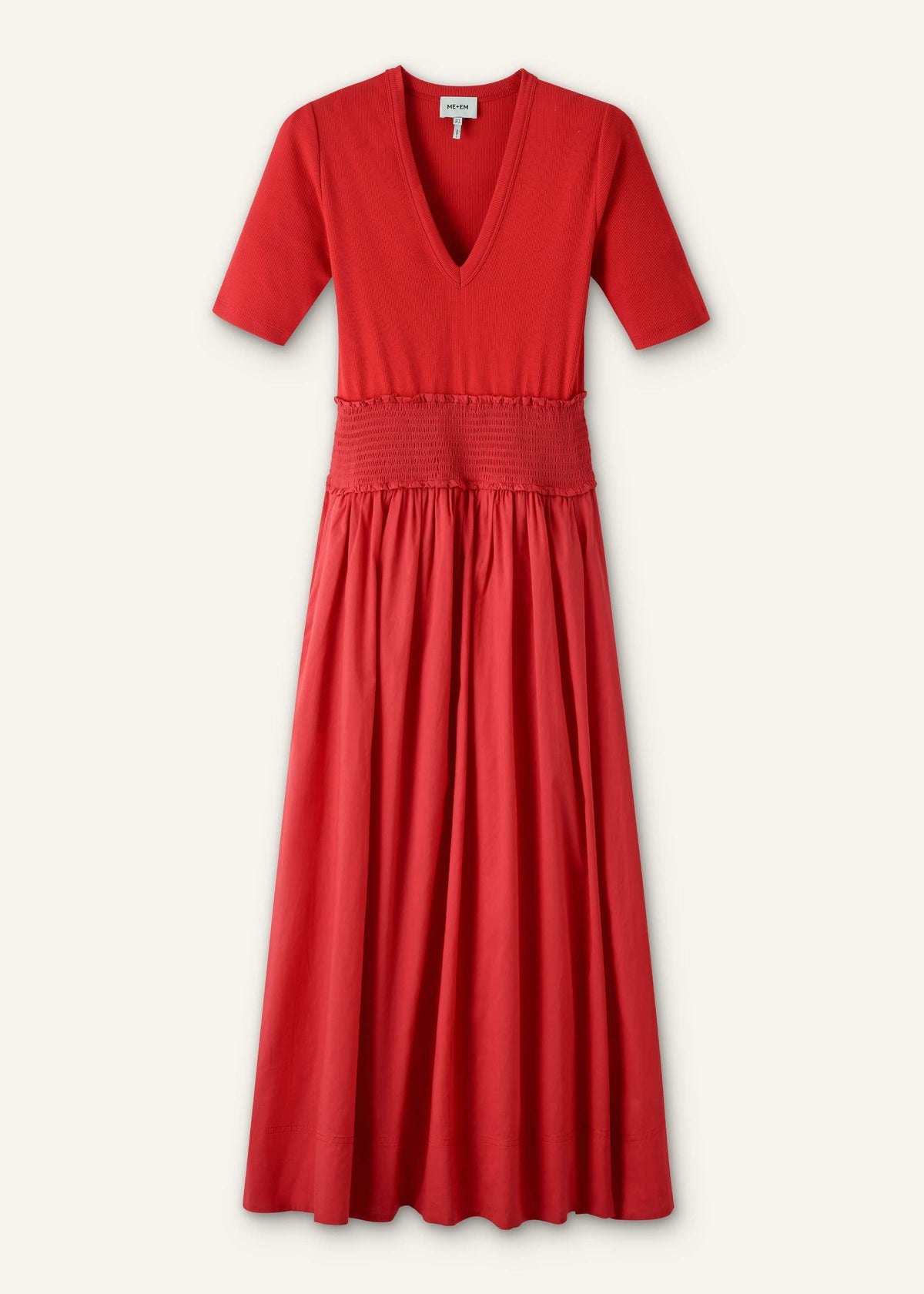 Red V-Neck Smocked Skirt Mixed Media Maxi Dress | ME+EM Clothing