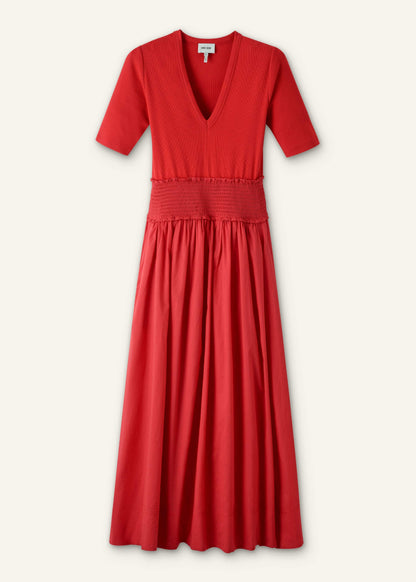 Red V-Neck Smocked Skirt Mixed Media Maxi Dress | ME+EM Clothing