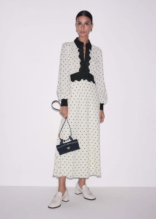 Cream Winter Polka Dot Lace Trim Maxi Dress | ME+EM Clothing