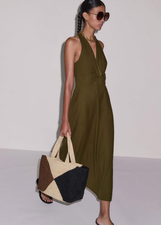 Olive Green Crease-Less Linen Twist Front Maxi Dress | ME+EM Clothing
