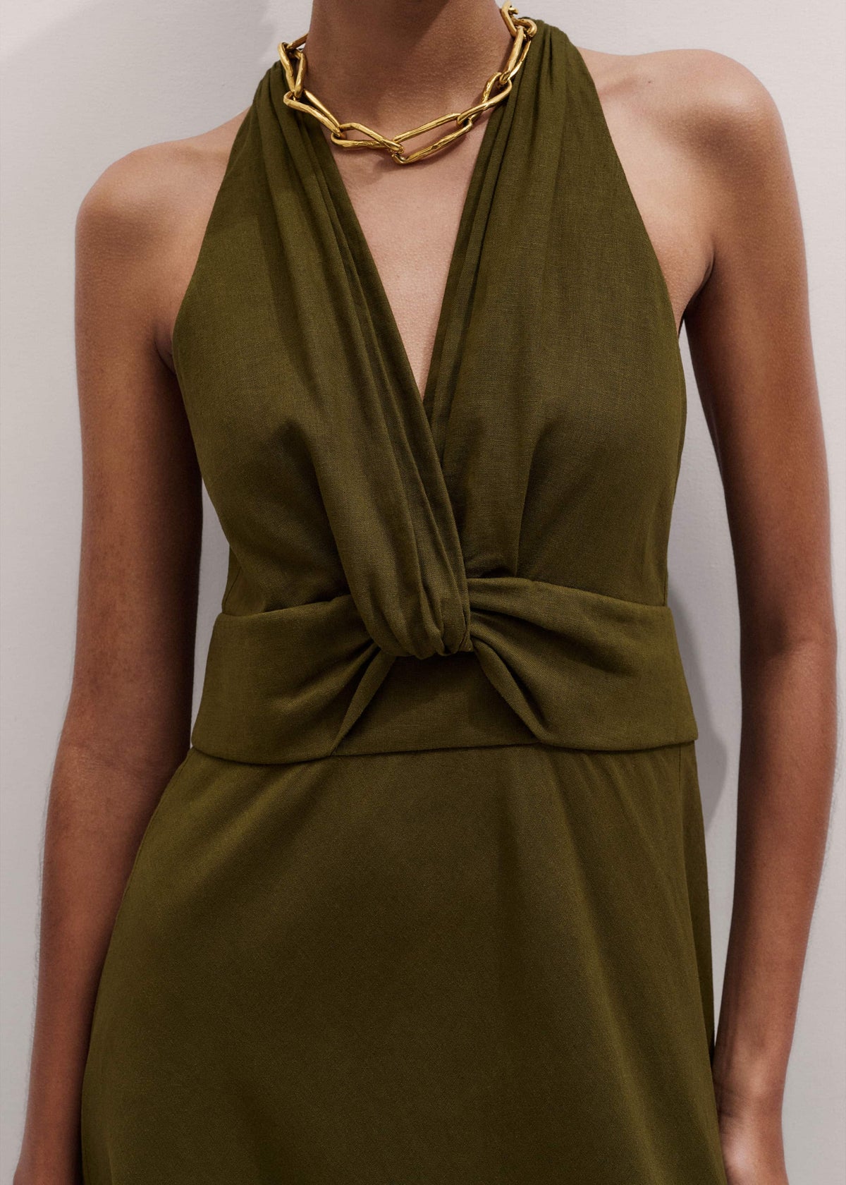 Olive Green Crease-Less Linen Twist Front Maxi Dress | ME+EM Clothing