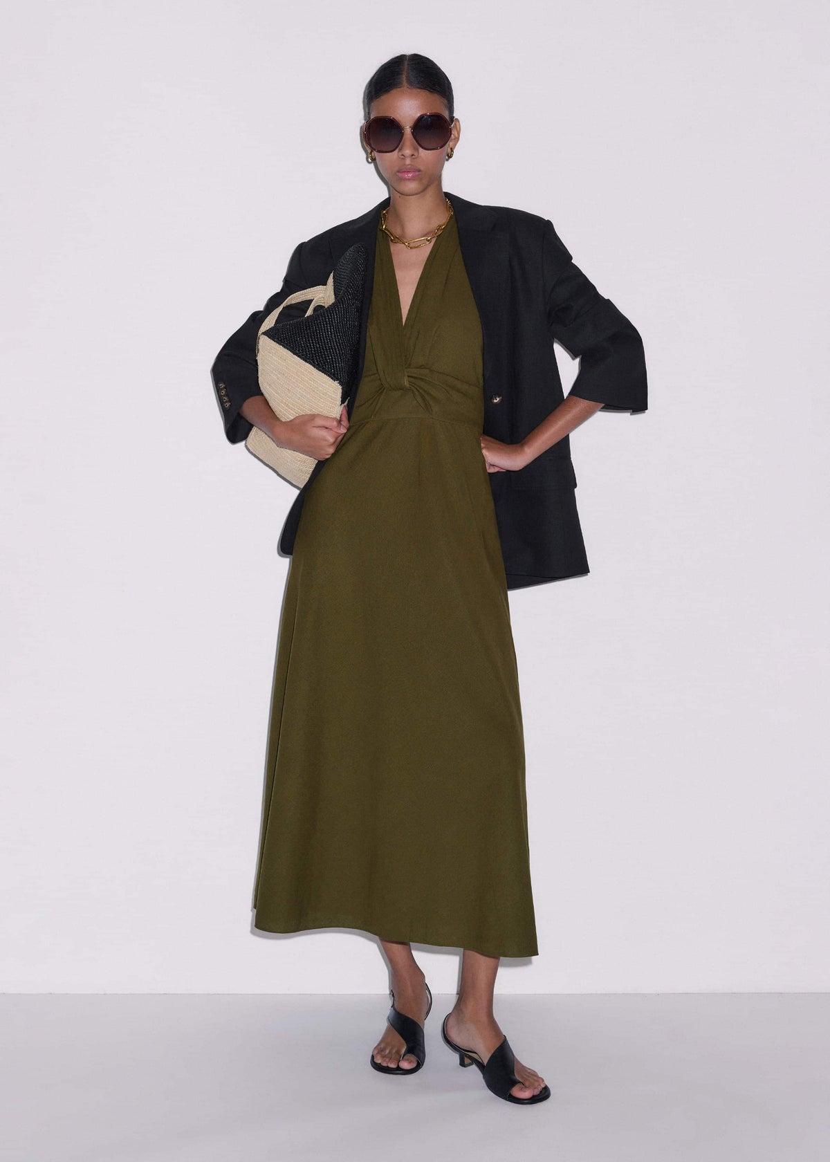 Olive Green Crease-Less Linen Twist Front Maxi Dress | ME+EM Clothing