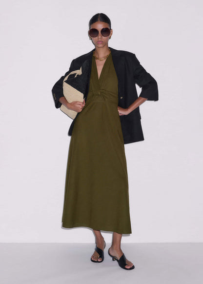 Olive Green Crease-Less Linen Twist Front Maxi Dress | ME+EM Clothing
