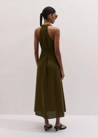Olive Green Crease-Less Linen Twist Front Maxi Dress | ME+EM Clothing