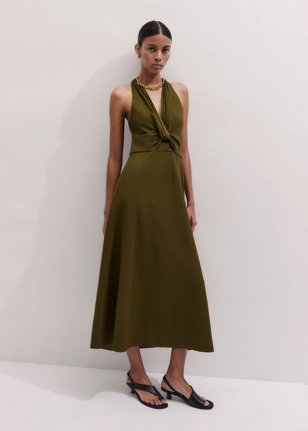 Olive Green Crease-Less Linen Twist Front Maxi Dress | ME+EM Clothing