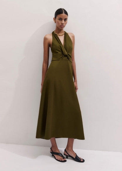 Olive Green Crease-Less Linen Twist Front Maxi Dress | ME+EM Clothing